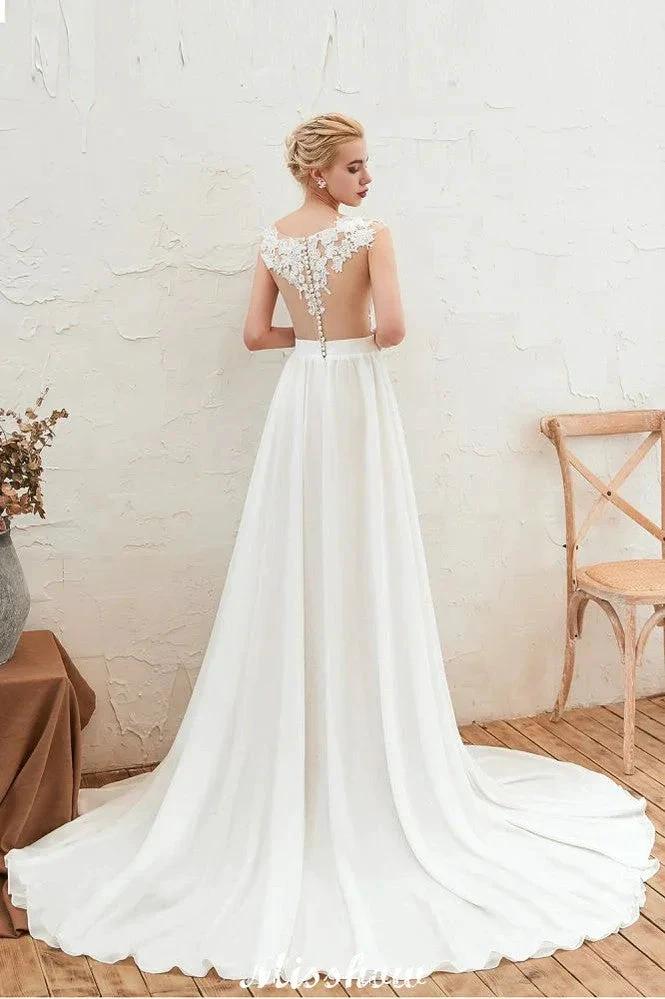 Sexy High Split Cap Sleeve Wedding Dress Sheer Back Ivory Lace Bridal Gown