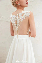 Sexy High Split Cap Sleeve Wedding Dress Sheer Back Ivory Lace Bridal Gown