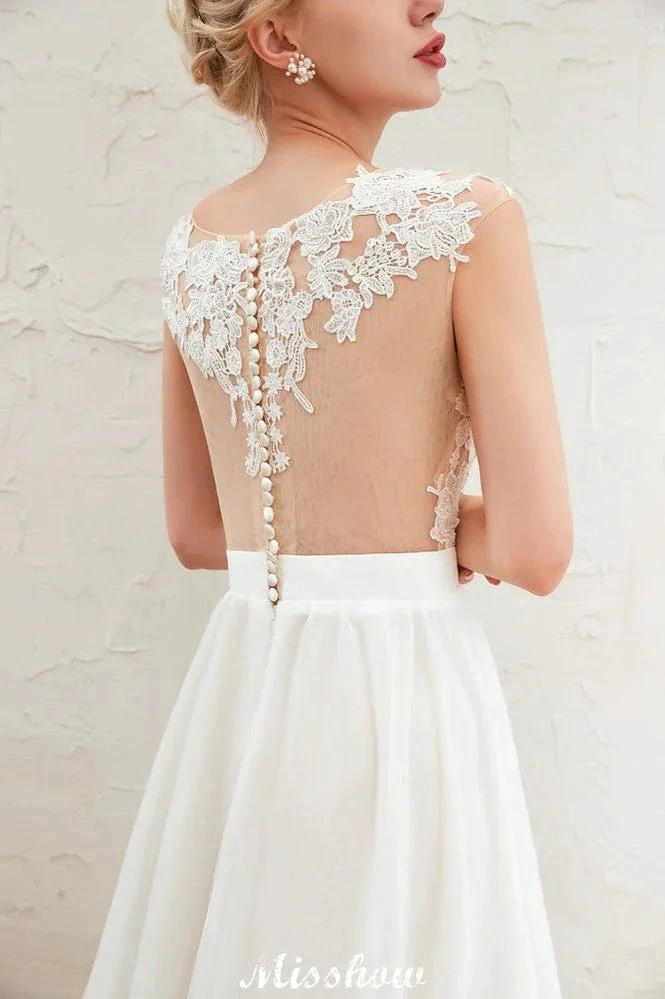 Sexy High Split Cap Sleeve Wedding Dress Sheer Back Ivory Lace Bridal Gown