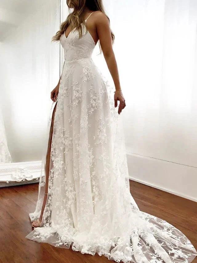 Sexy Long A-Line Spaghetti Strap Lace Backless Wedding Dresseswith Slit