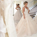 Sexy Long A-Line V-neck Spaghetti Straps Appliques Lace Backless Wedding Dress