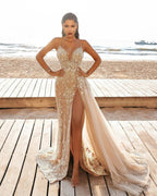 Sexy Long Mermaid Appliques Lace Split Wedding Dress With Side Train