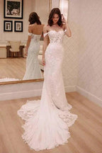 Sexy Off Shoulder Appliqued Beach with Court Train Ivory Elegant Wedding Dresses