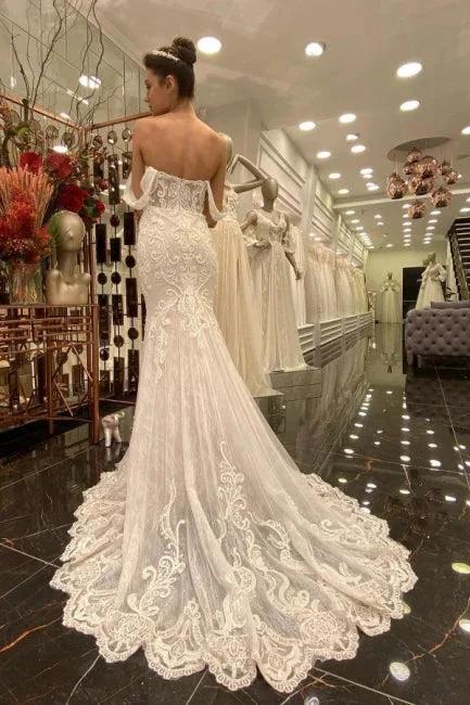Sexy Off-the-shoulder Sleeveless Mermaid Floor-Length Lace Wedding Dresses with Brush Train