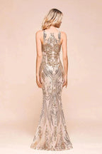 Sexy Sleeveless Mermaid Prom Gown Sparkly Gold Pattern Floor Length Straps Evening Dress