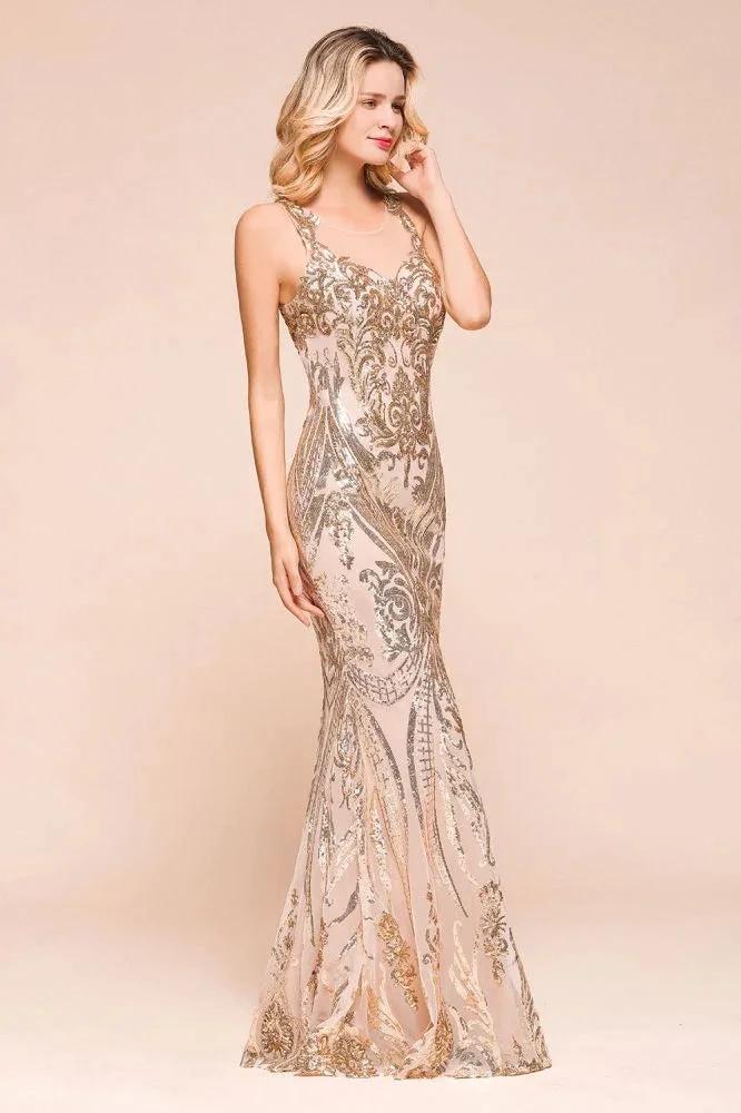 Sexy Sleeveless Mermaid Prom Gown Sparkly Gold Pattern Floor Length Straps Evening Dress