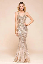Sexy Sleeveless Mermaid Prom Gown Sparkly Gold Pattern Floor Length Straps Evening Dress