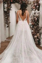 Sexy Spaghetti Straps Sleeveless A-Line Lace Wedding Dresses