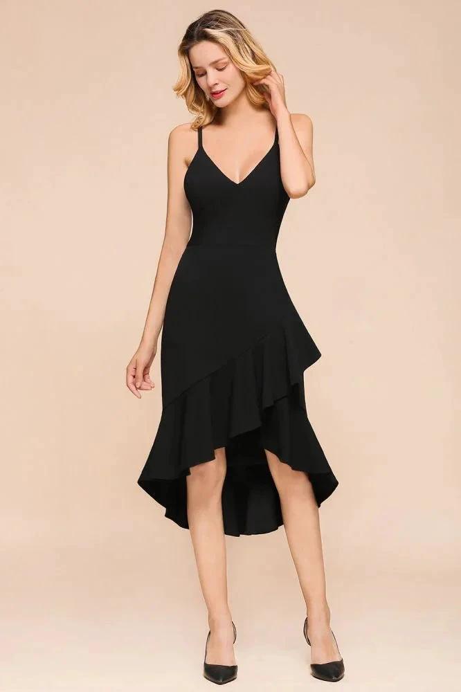 Sexy Spaghetti Straps Sweetheart Slim Hi-Lo Party Dress Vintage Backless Black Prom Dress