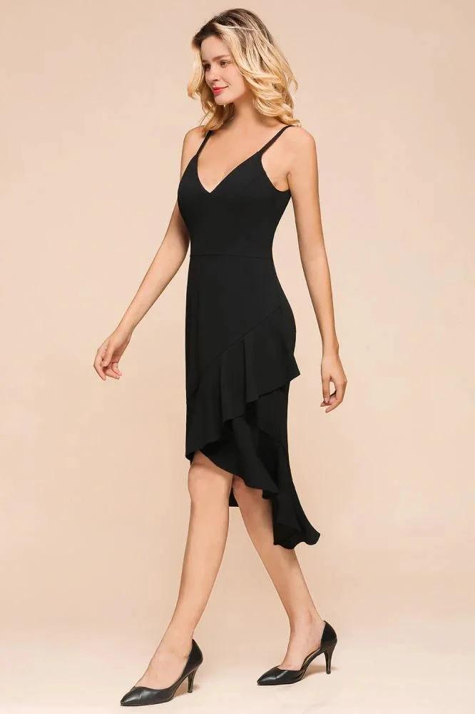 Sexy Spaghetti Straps Sweetheart Slim Hi-Lo Party Dress Vintage Backless Black Prom Dress