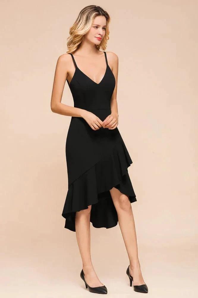 Sexy Spaghetti Straps Sweetheart Slim Hi-Lo Party Dress Vintage Backless Black Prom Dress