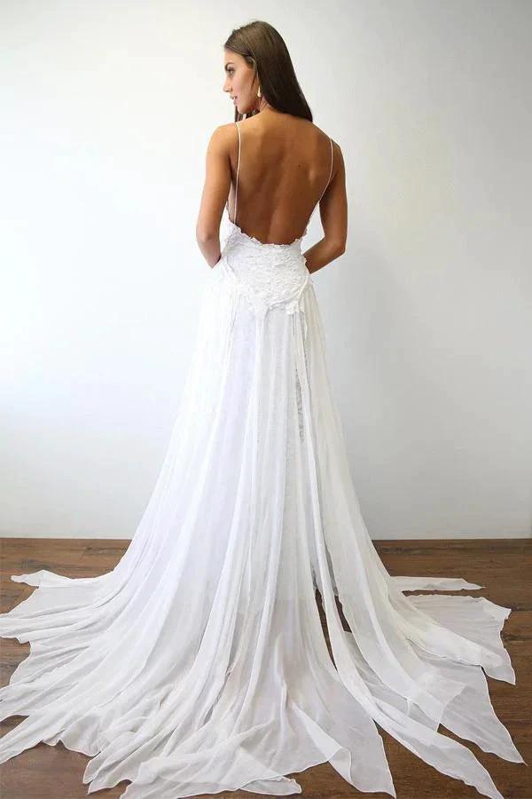 Sexy Spaghetti Straps White Long Beach Wedding Dress  WD5013