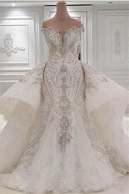 Sexy Strapless Crystals Mermaid Wedding Dresses with Overskirt Long Train