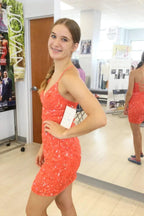 Sexy V-neck Orange Backless Sequined Sleeveless Homecoming Dress With Lace