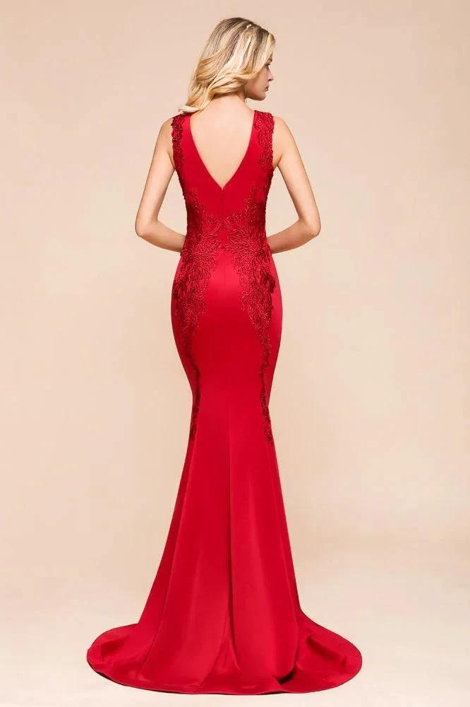 Sexy V-neck Sleeveless Mermaid Evening Maxi Gown Floral Appliques Party Dress with Sweep Train