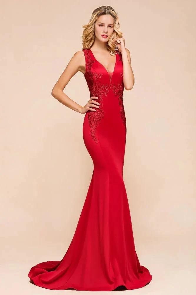 Sexy V-neck Sleeveless Mermaid Evening Maxi Gown Floral Appliques Party Dress with Sweep Train