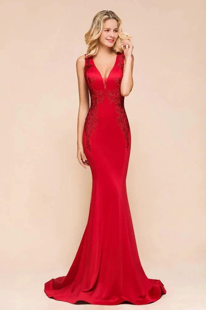 Sexy V-neck Sleeveless Mermaid Evening Maxi Gown Floral Appliques Party Dress with Sweep Train