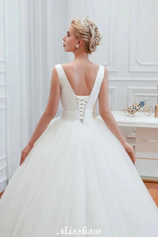 Sexy V-Neck Sleeveless Princess Spring Wedding Dress | White Low Back Bridal Gowns with Belt