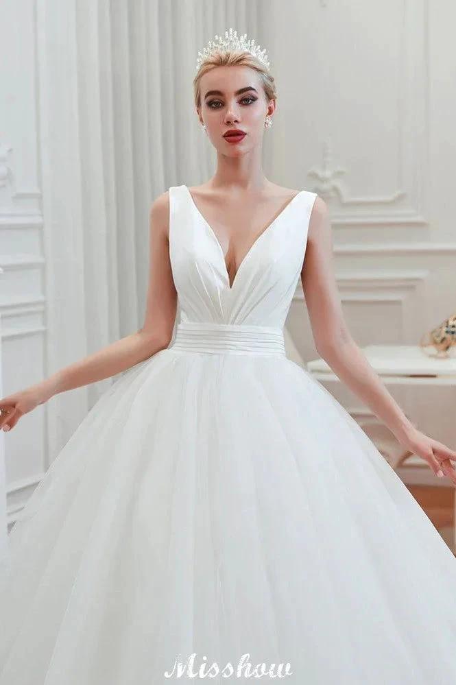 Sexy V-Neck Sleeveless Princess Spring Wedding Dress | White Low Back Bridal Gowns with Belt