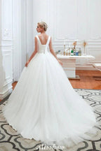 Sexy V-Neck Sleeveless Princess Spring Wedding Dress | White Low Back Bridal Gowns with Belt