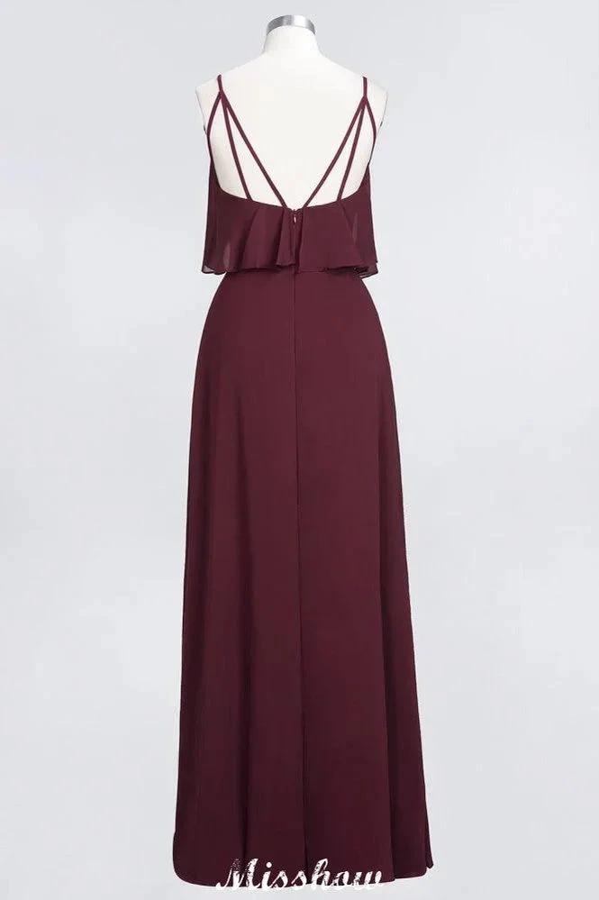 Shapghetti Burgundy Bridesmaid Dress Backless Chiffon Wedding Guest Dress