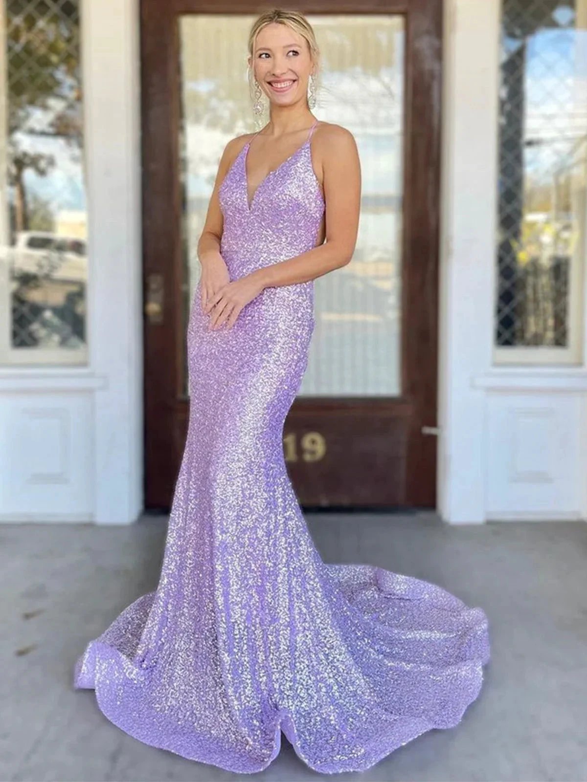 Shiny Long Mermaid V-neck Backless Sequins Formal Evening Prom Dresses