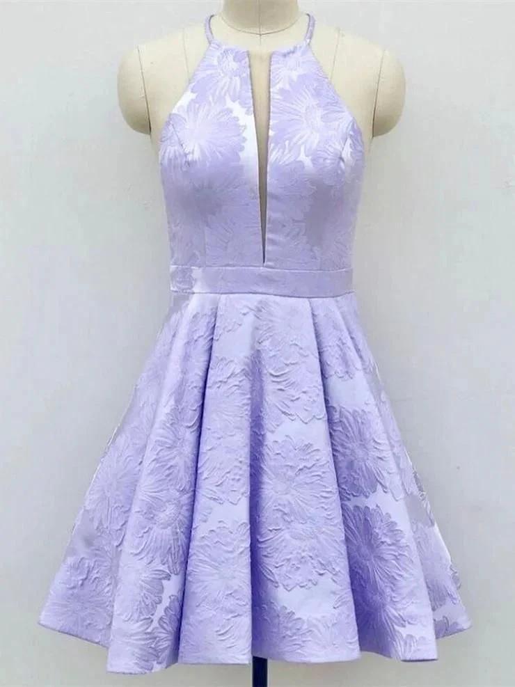 Short A-Line Deep V-Neck Halter Sleeveless Homecoming Dress