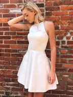 Short A-line Halter Satin Open Back Prom Homecoming Dresses