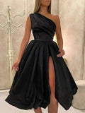 Short A-line One Shoulder Satin Formal Prom Homecoming Dresses with Slit