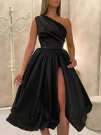 Short A-line One Shoulder Satin Formal Prom Homecoming Dresses with Slit