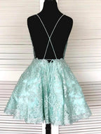 Short A-line Sleeveless Lace Open Back Formal Graduation Homecoming Dresses