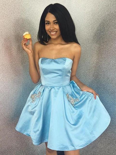 Short A-line Strapless Beading Satin Homecoming Dress with Pockets