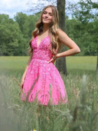 Short A-line V-neck Lace Tulle Backless Prom Dress Pink Homecoming Dresses