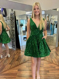 Short A-line V-neck Sequins Prom Homecoming Dresses with Pockets
