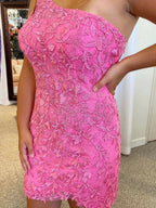 Short Mermaid One Shoulder Lace Prom Dresses Pink Homecoming Dresses