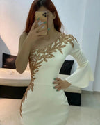 Short Mermaid One Shoulder Satin Formal Dress with Sleeves