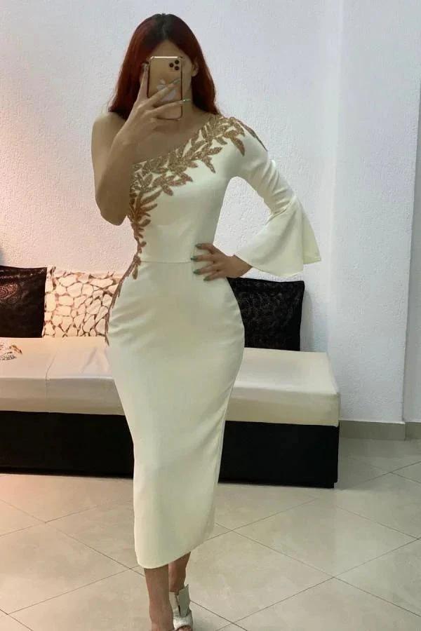 Short Mermaid One Shoulder Satin Formal Dress with Sleeves