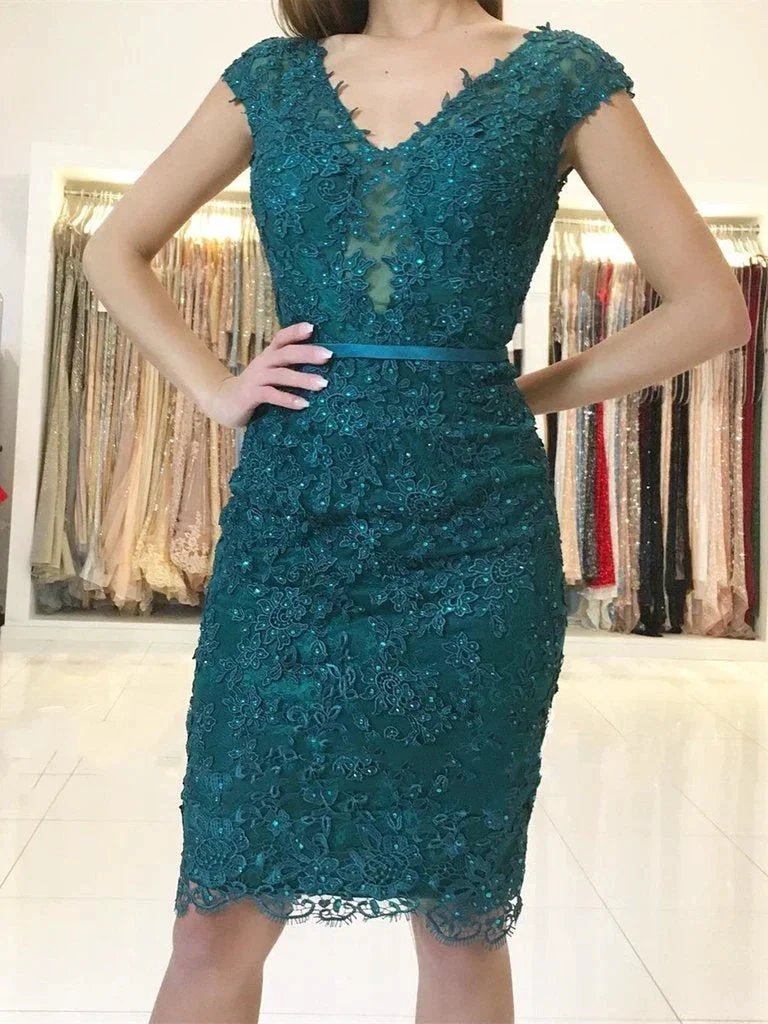 Short Mermaid V-neck Tulle Lace Backless Formal Prom Homecoming Dresses