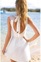 Short Open Back White Stretch Satin Homecoming Dress with Lace PG128