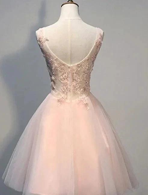 Short Pink A Line Tulle Prom Dresses With Lace Appliques