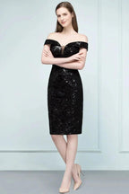 Short Sequined Sheath Off-shoulder Black Prom Dresses