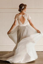 Short Sleeve Lace and Tulle Silver  Wedding Dresses with Sash  WD386
