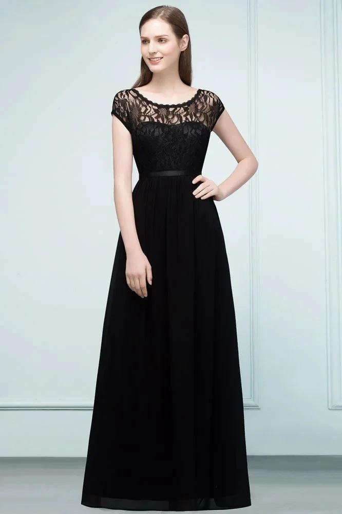 Short Sleeves Lace A-line Floor Length Bridesmaid Dresses with Sash