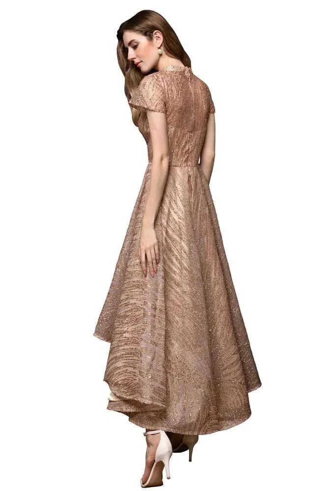Short Sleeves Sequins Beading Hi-Lo Cocktail Dress