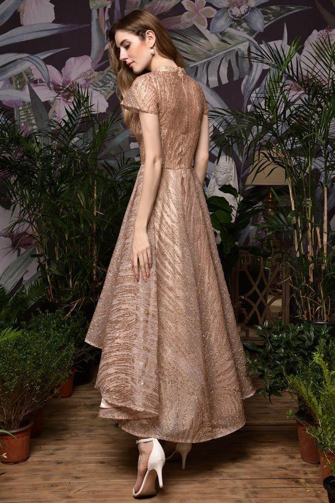 Short Sleeves Sequins Beading Hi-Lo Cocktail Dress