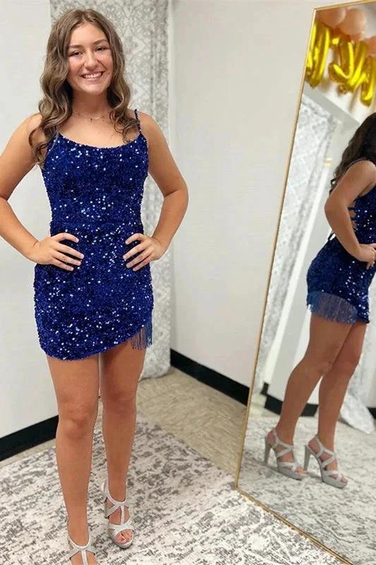 Short Spaghetti Straps Sleeveless Sequined Prom Dresses