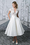 Short Wedding Dresses V-neck Lace Tea-length Ivory Simple Bridal Gown  WD422
