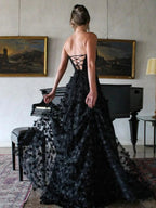 Silas | A-Line Strapless 3D Flowers Black Long Prom Dresses with Slit