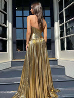 Sileas | Turquoise Sweetheart Metallic Pleated Long Formal Dress With Slit