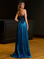 Sileas | Turquoise Sweetheart Metallic Pleated Long Formal Dress With Slit